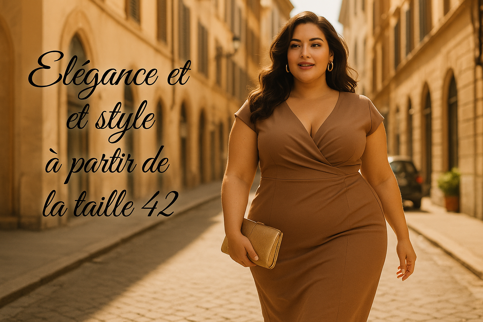 dame élégante en mode italienne fière de ses rondeurs marche dans la rue une pochette à la main avec la phrase suivante inscrite en calligraphie noire style Alex brush sur canva :  Elégance et style à partir de la taille 42    